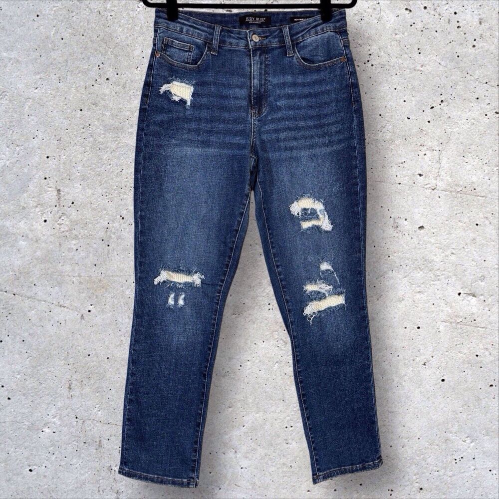 Judy Blue Boyfriend Fit Jeans 9/29 Blue Distressed Thermal Accent Comfort 29x28